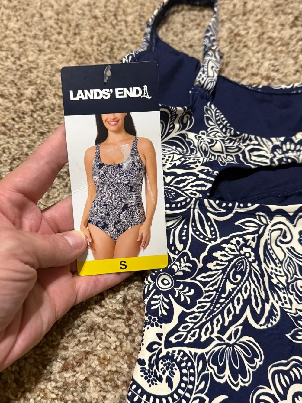 Lands' End Navy and White Paisley One Piece Swimsuit Womens S NWT